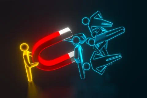 Person's Hand Pulling Human Figures With Horseshoe Magnet. 3d rendering 스톡 일러스트