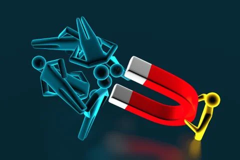 Person's Hand Pulling Human Figures With Horseshoe Magnet. 3d rendering Illustrazione stock