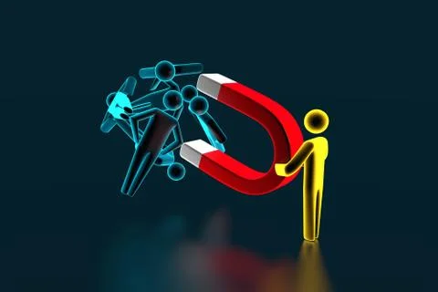 Person's Hand Pulling Human Figures With Horseshoe Magnet. 3d rendering Illustrazione stock
