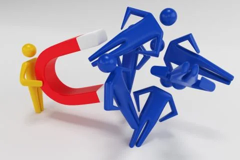 Person's Hand Pulling Human Figures With Horseshoe Magnet. 3d rendering Illustrazione stock