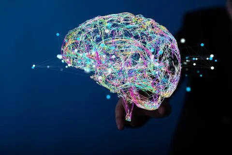 Person's hand reaching to 3D rendered Artificial Intelligence Stock Photos