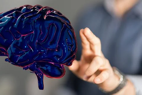 Person's hand reaching to 3D rendered Artificial Intelligence Stock Photos