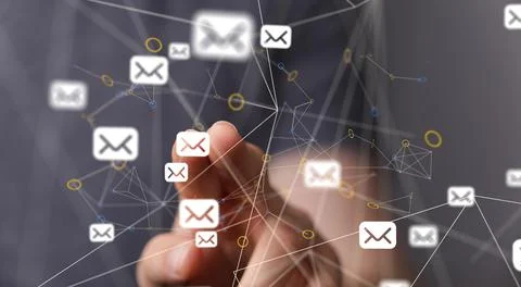 Person's hand reaching to 3D rendered email icons connected to each other Foto stock
