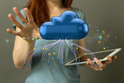 Person's hand reaching to 3D rendered cloud data storage Foto stock