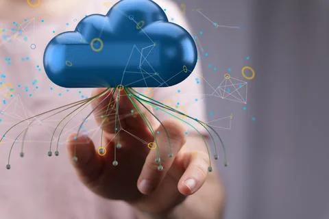 Person's hand reaching to 3D rendered cloud data storage Foto stock