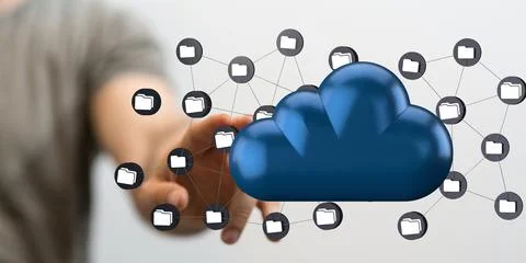 Person's hand reaching to 3D rendered cloud with files connected to each othe Stock Photos