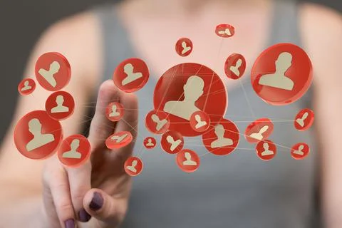 Person's hand touching 3D rendered people silhouettes in the network team Fotos de archivo