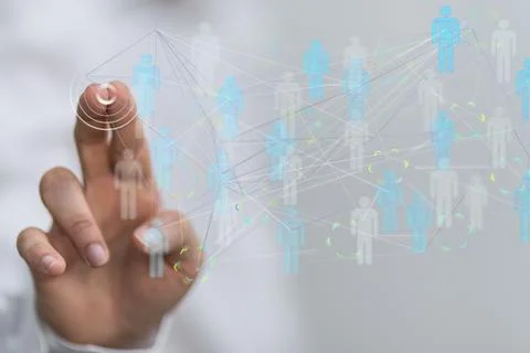 Person's hand touching 3D rendered people silhouettes Stock Photos