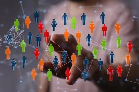 Person's hand touching 3D rendered people silhouettes Fotos de archivo