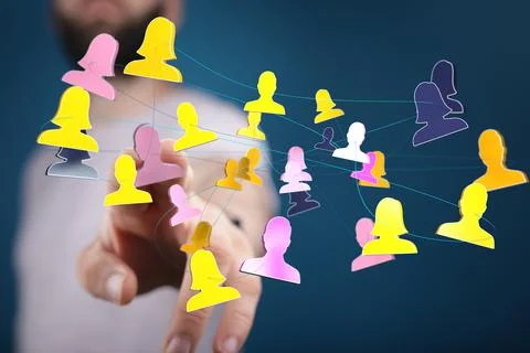 Person's hand touching 3D rendered people silhouettes Fotos de archivo