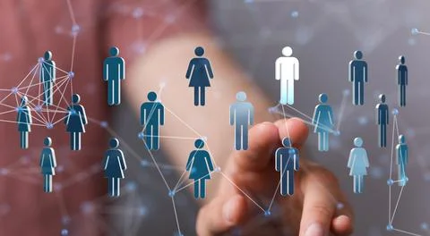 Person's hand touching 3D rendered people silhouettes Fotos de archivo