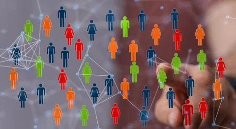 Person's hand touching 3D rendered people silhouettes Fotos de archivo