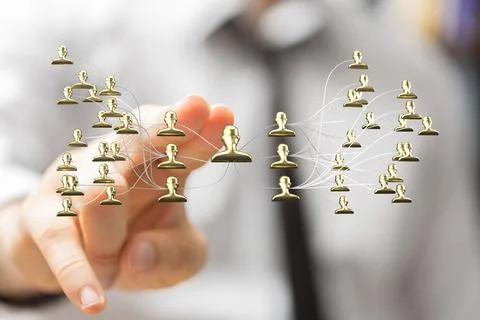 Person's hand touching 3D rendered people silhouettes Fotos de archivo