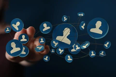 Person's hand touching 3D rendered people silhouettes Fotos de archivo