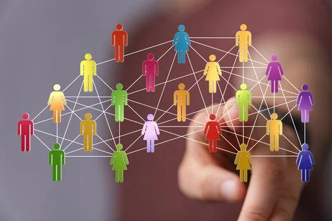 Person's hand touching 3D rendered people silhouettes Stock Photos