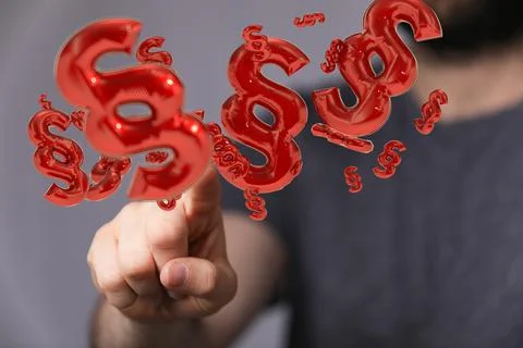 Person's hand touching 3D rendered section signs Stockfoto's