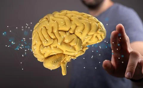 Person's hand touching a 3D rendered Artificial Intelligence Stock Photos