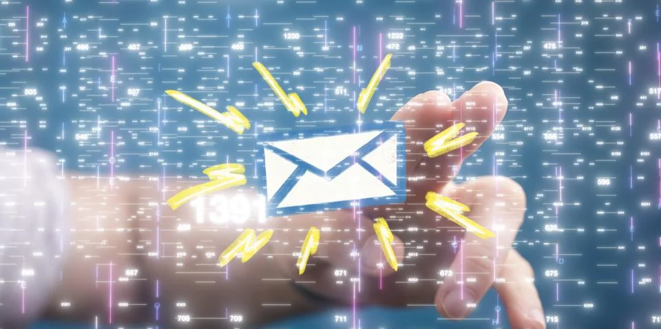 Person's hand touching a 3D rendered envelope Stock Photos