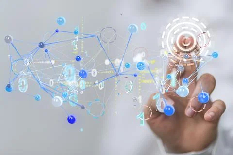 Person's hand touching a 3D rendered connected data Stock Photos