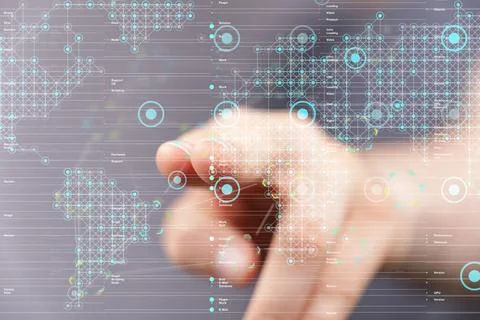 Person's hand touching the 3D rendered data Foto stock