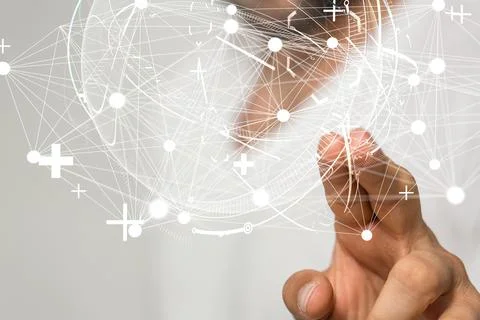 A person's hand touching the 3D rendered futuristic globe with data connected Stock Photos