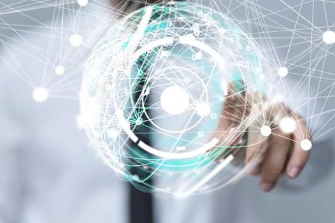 A person's hand touching the 3D rendered futuristic globe with data connected Foto stock