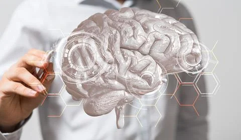 Person's hand touching a 3D rendered Artificial Intelligence Stock Photos