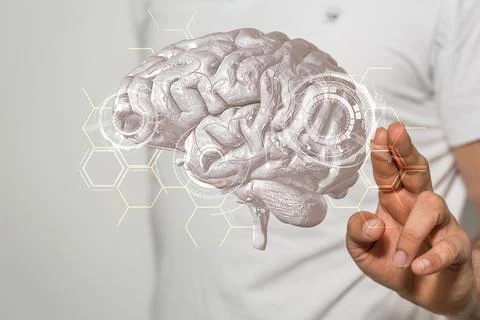 Person's hand touching a 3D rendered Artificial Intelligence Stock Photos