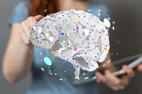 Person's hand touching a 3D rendered Artificial Intelligence Stock Photos