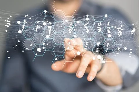 Person's hand touching a 3D rendered connected data Stock Photos