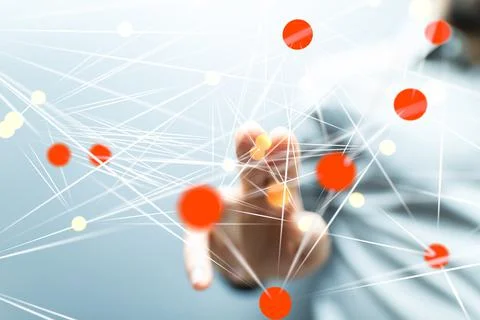 Person's hand touching a 3D rendered connected data Foto stock