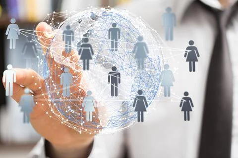 A person's hand touching the 3D rendered futuristic globe with users connecte Stock Photos