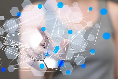 Person's hand touching a 3D rendered connected data Stock Photos