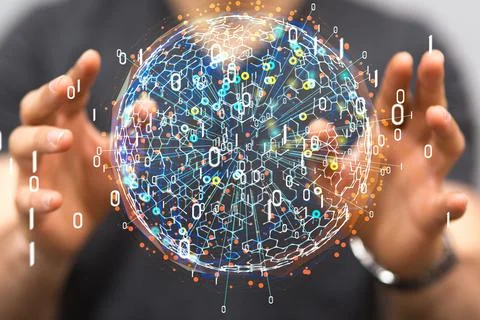 A person's hand touching the 3D rendered futuristic globe with data connected Stock Photos