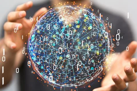 A person's hand touching the 3D rendered futuristic globe with data connected Stock Photos