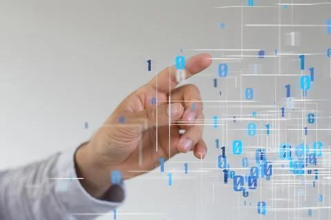 Person's hand touching a 3D rendered connected data Stockfoto's