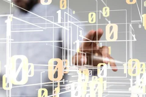 Person's hand touching a 3D rendered connected data Foto stock
