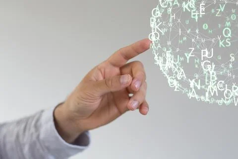 A person's hand touching the 3D rendered futuristic globe with data connected 写真素材