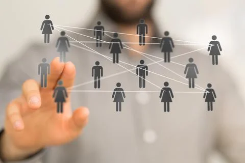 Person's hand touching the 3D rendered users connected to each other Stock Photos