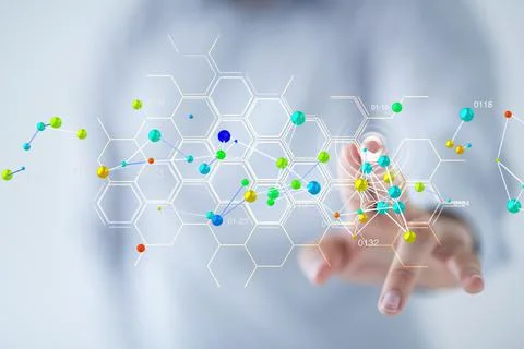 Person's hand touching a 3D rendered connected data Foto stock