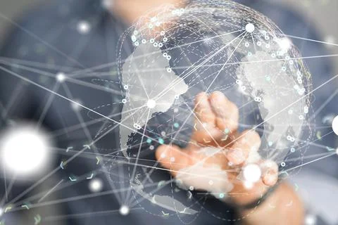 A person's hand touching the 3D rendered futuristic globe with data connected 写真素材