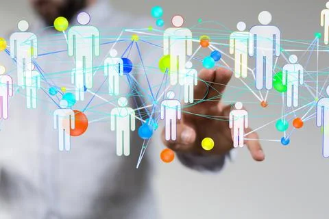 Person's hand touching the 3D rendered users connected to each other Foto stock