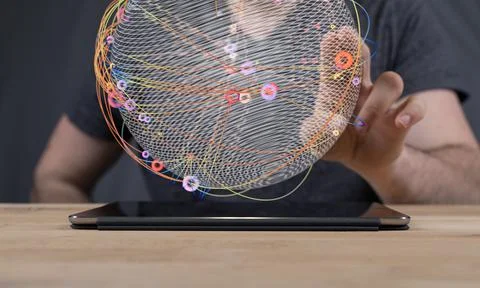 A person's hand touching the 3D rendered futuristic globe with data connected Stock Photos