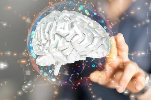 Person's hand touching the 3D rendered Artificial Intelligence Stock Photos