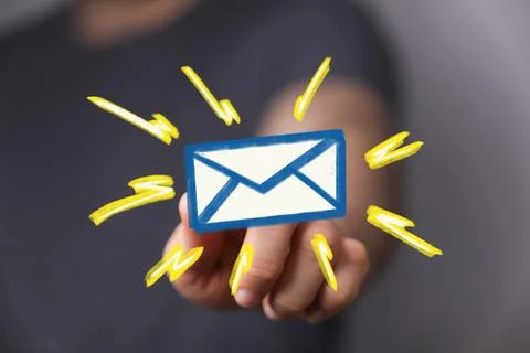 Person's hand touching a 3D rendered envelope Stock Photos