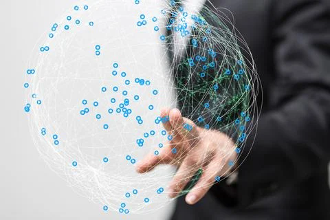 A person's hand touching t 3D rendered futuristic globe with data connected t Foto stock
