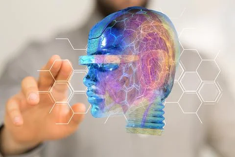 Person's hand touching the visualized artificial intelligence Stockfoto's