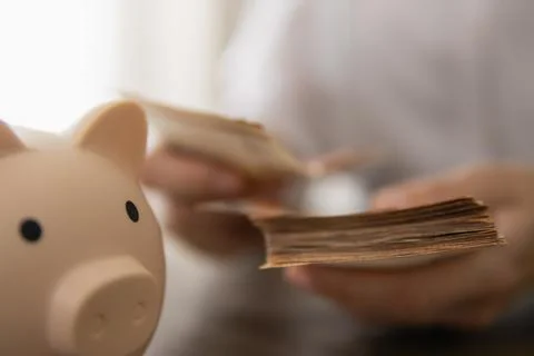 Person's hands counting a stack of cash next to a piggy bank, representing .. Stock Photos