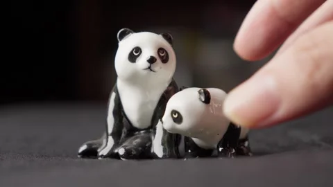Person's hands hold some plastic toy pandas bears Stock Footage 273483442