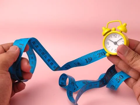 A person's hands pull a blue measuring tape wrapped around a small yellow a.. Stock Photos